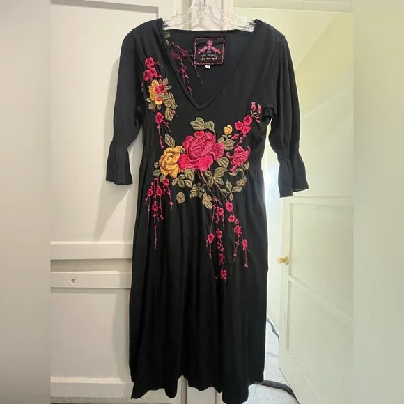 JW Los Angeles floral embroidery black cotton dress size medium - Picture 1 of 16